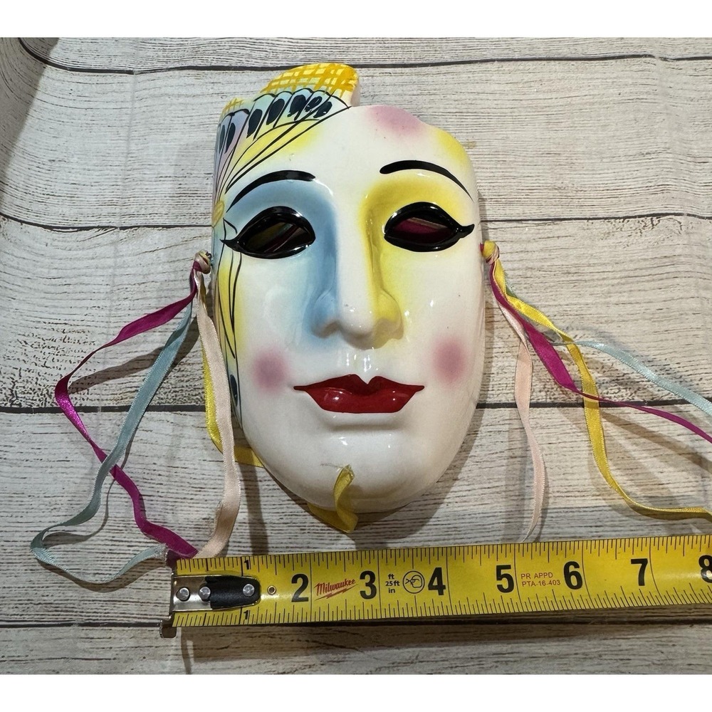 Vintage Hand Painted Ceramic Porcelain Wall Mask Butterfly Yellow Blue Pink Red